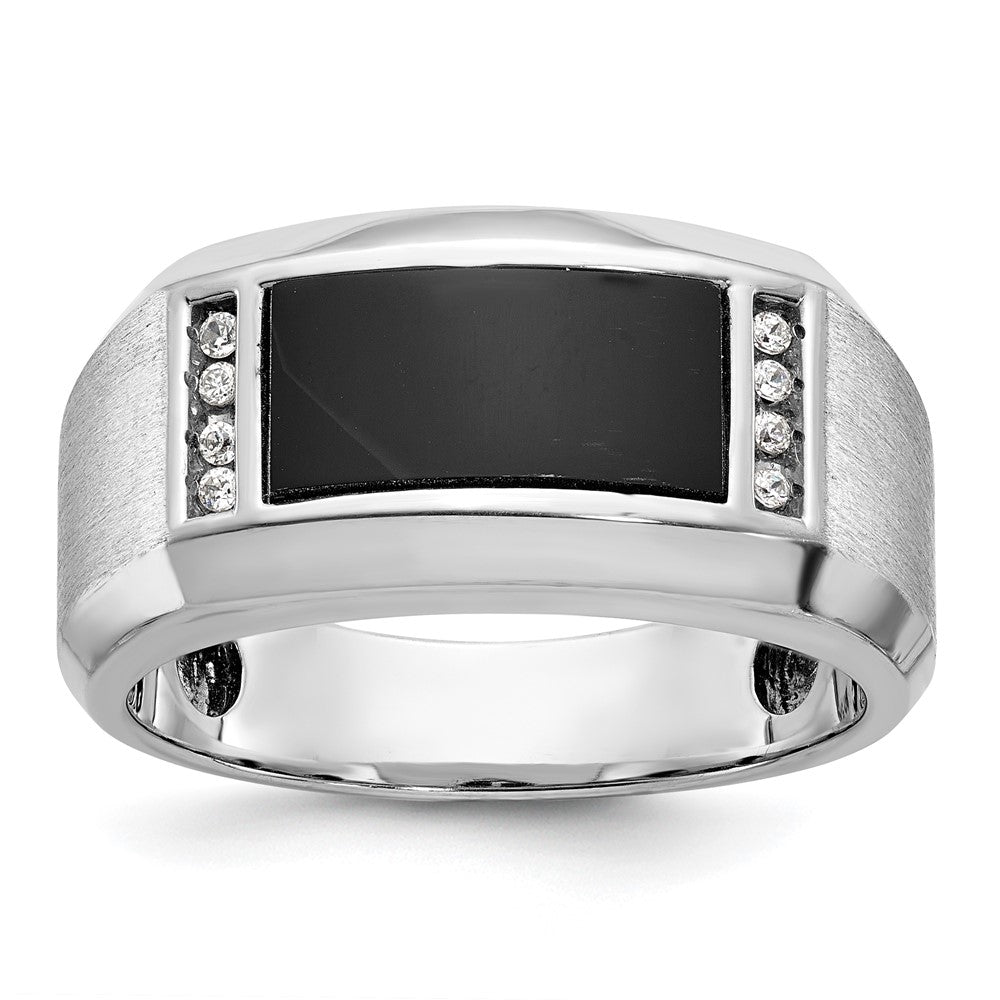 14k White Gold Men's Satin Onyx and 1/15 carat Diamond Complete Ring