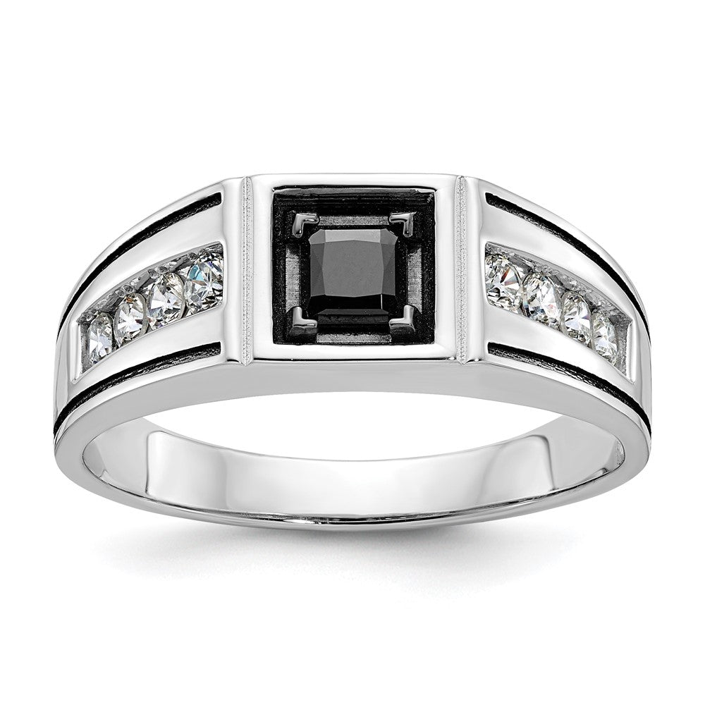 14k White Gold with Black Rhodium Men's Satin 7/8 carat Black and White Diamond Complete Ring