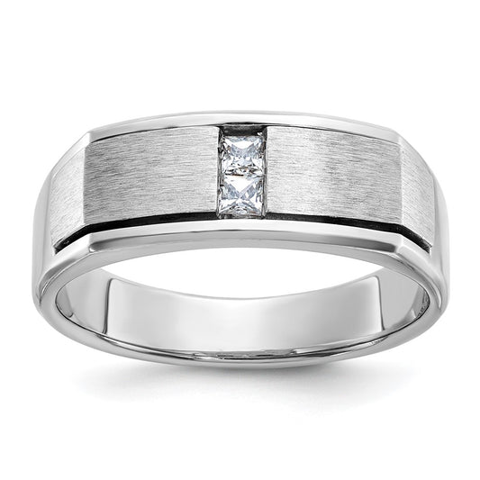 14k White Gold Men's Polished Antiqued and Satin 1/10 carat Diamond Complete Ring