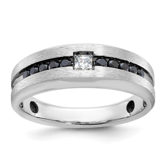 14k White Gold with Black Rhodium Men's Polished and Brushed Black and White Diamond Complete Ring