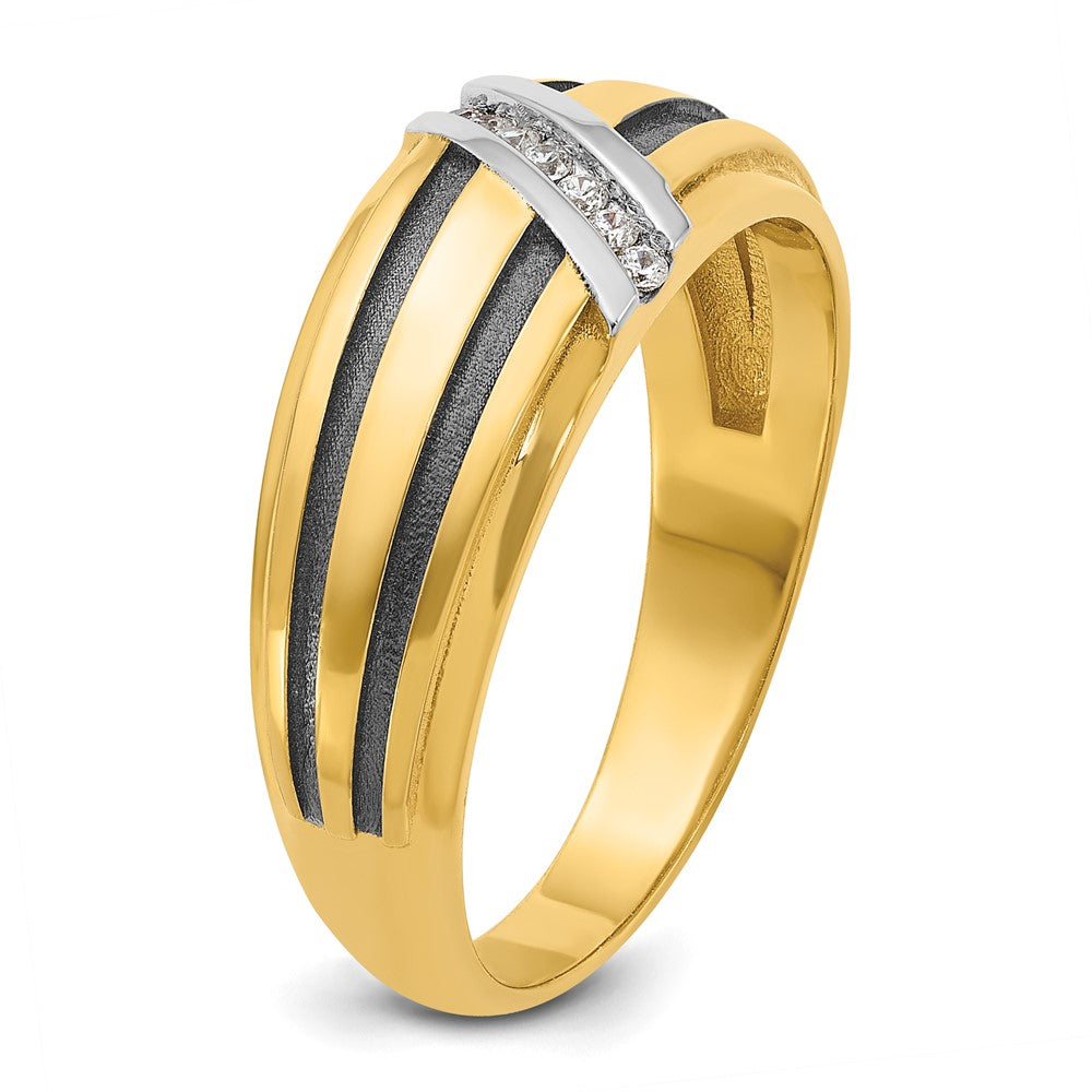 14k Yellow & Rhodium Gold with Black White Rhodium Men's Satin 1/20 carat Diamond Complete Ring