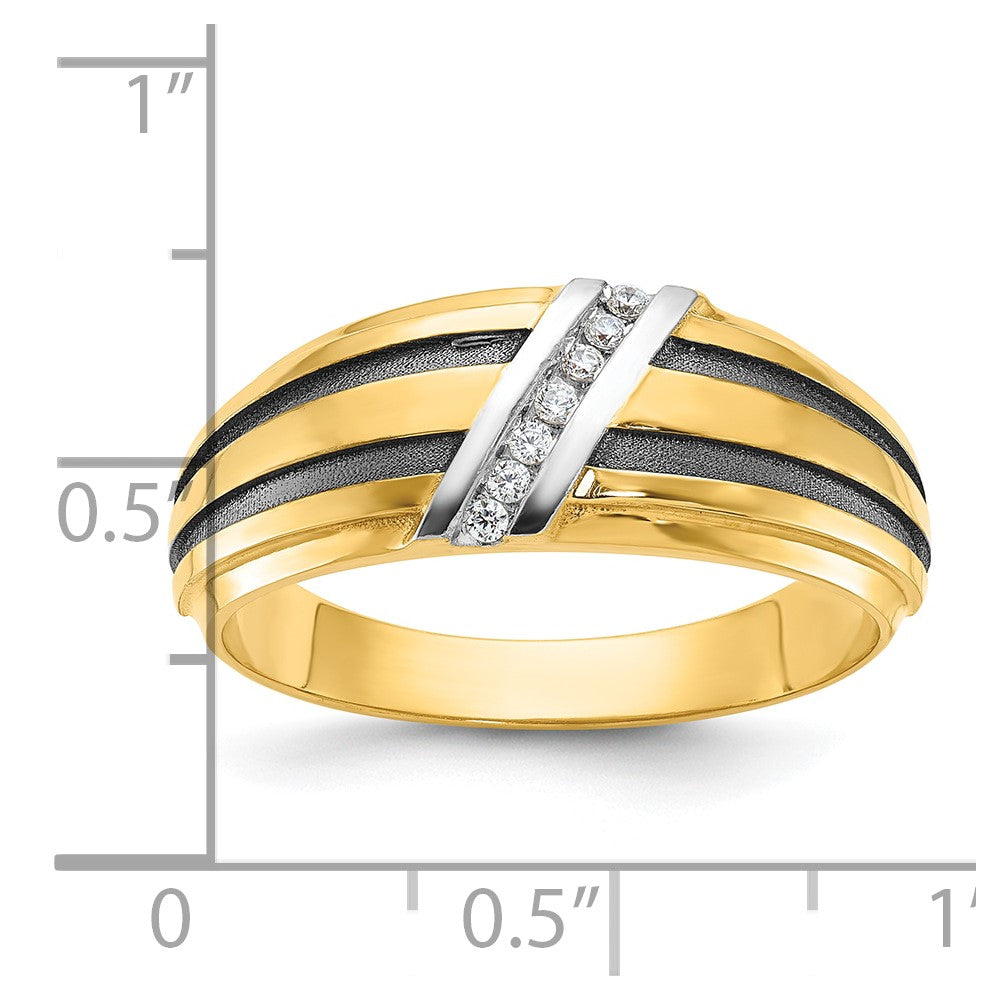 14k Yellow & Rhodium Gold with Black White Rhodium Men's Satin 1/20 carat Diamond Complete Ring