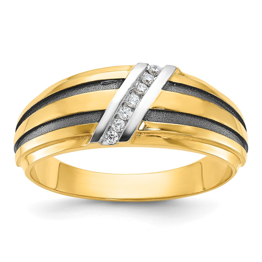 14k Yellow & Rhodium Gold with Black White Rhodium Men's Satin 1/20 carat Diamond Complete Ring