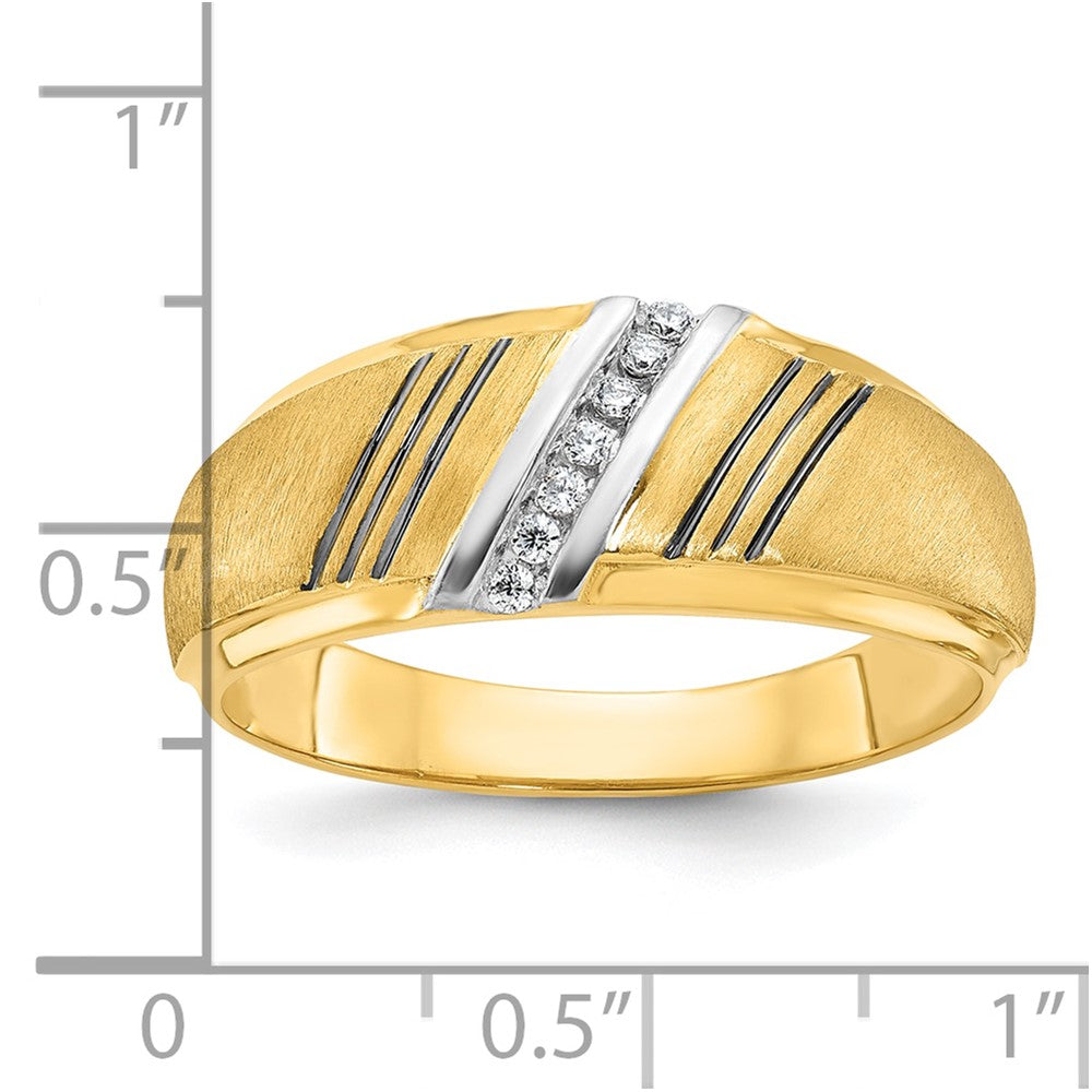 14k Yellow & Rhodium Gold with Black and White Rhodium Men's Satin 1/20 carat Diamond Complete Ring