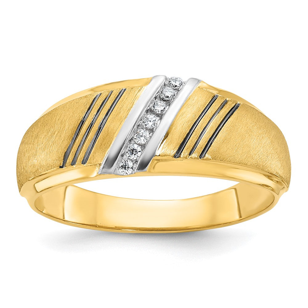 14k Yellow & Rhodium Gold with Black and White Rhodium Men's Satin 1/20 carat Diamond Complete Ring