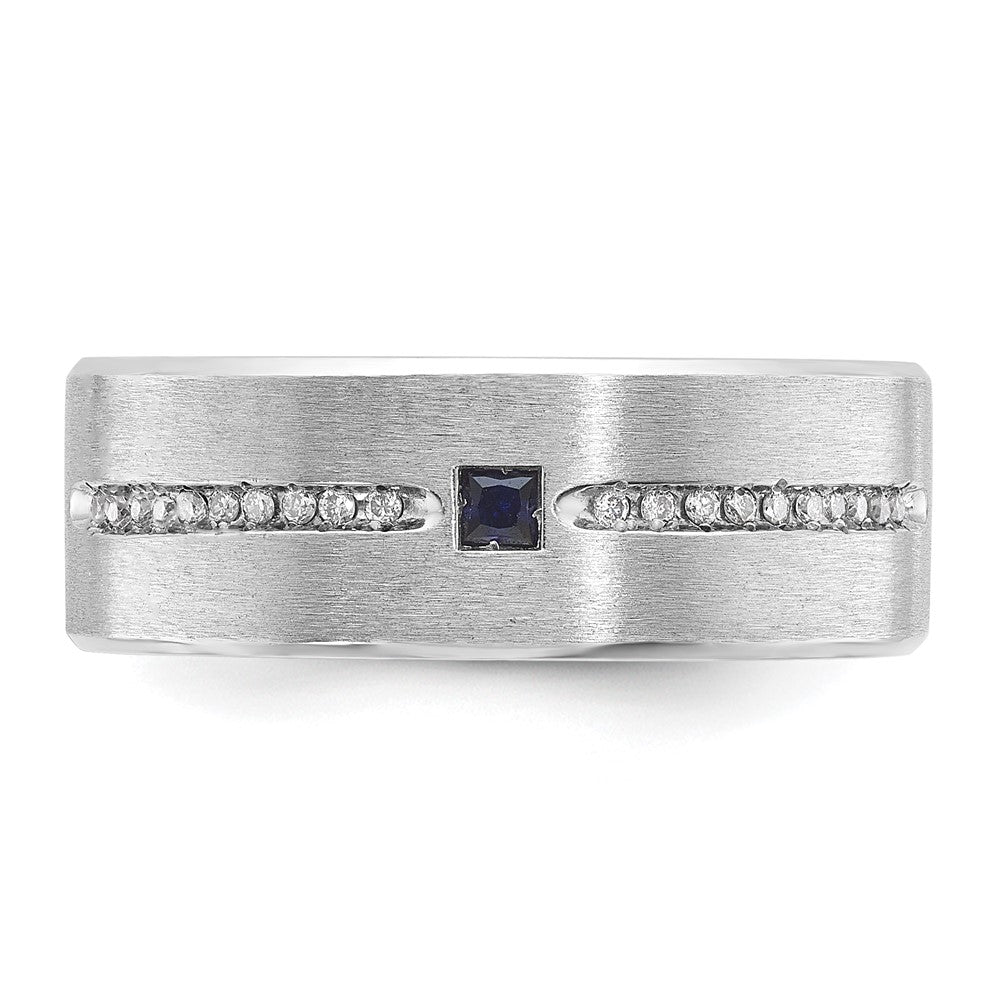 14k White Gold Men's Satin Lab Created Sapphire and 1/8 carat Diamond Complete Ring