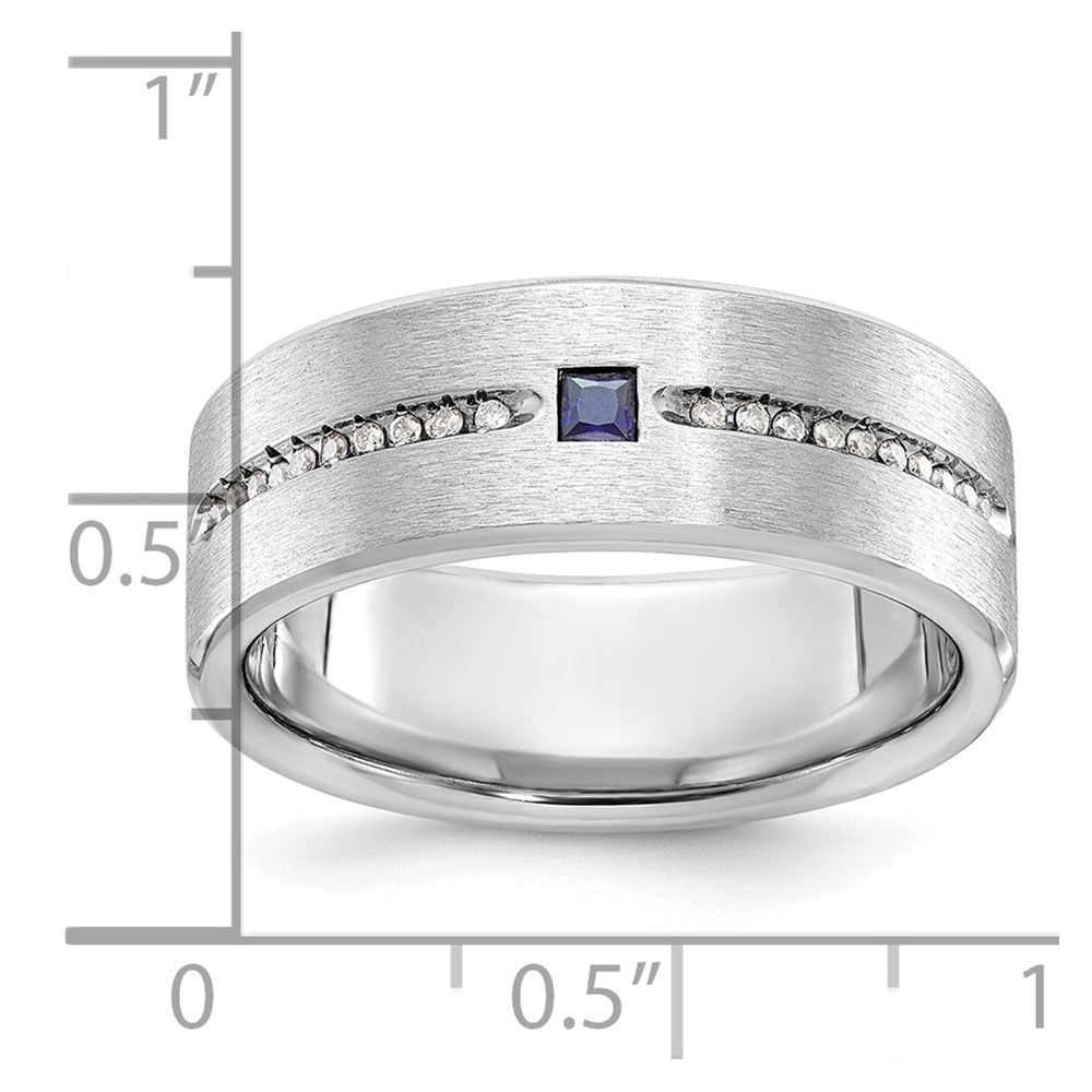 14k White Gold Men's Satin Lab Created Sapphire and 1/8 carat Diamond Complete Ring