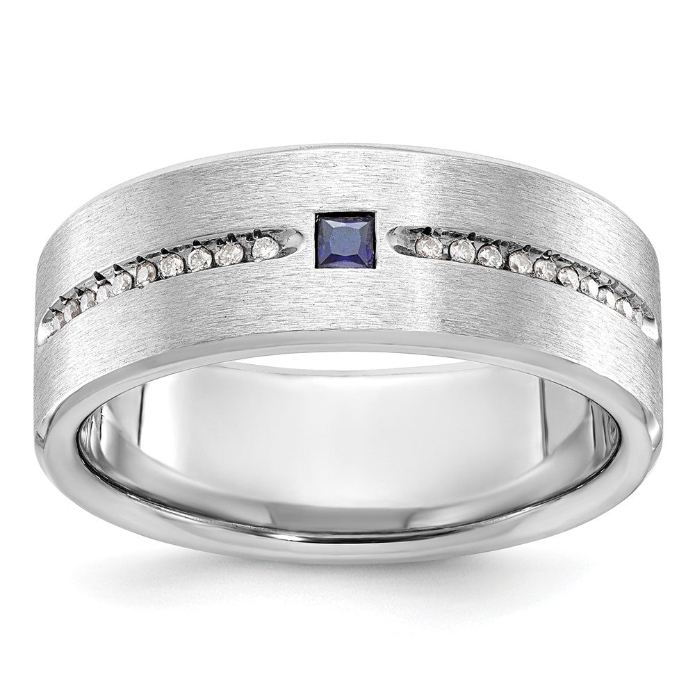 14k White Gold Men's Satin Lab Created Sapphire and 1/8 carat Diamond Complete Ring