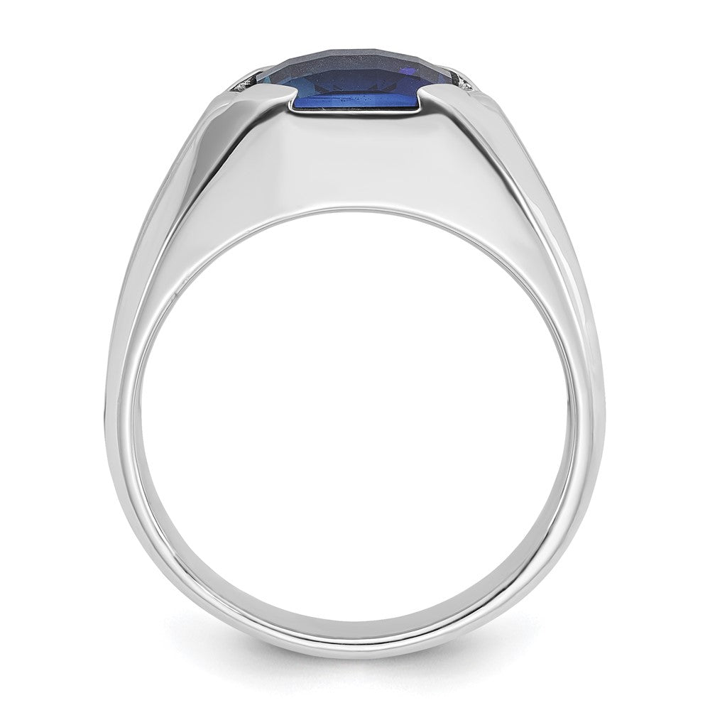 14k White Gold Men's Created Sapphire and 1/20 carat Diamond Complete Ring