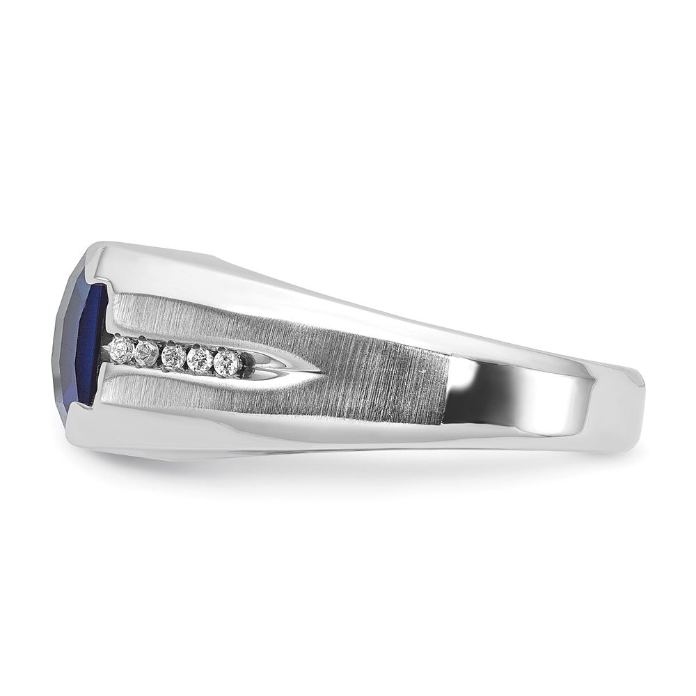 14k White Gold Men's Created Sapphire and 1/20 carat Diamond Complete Ring