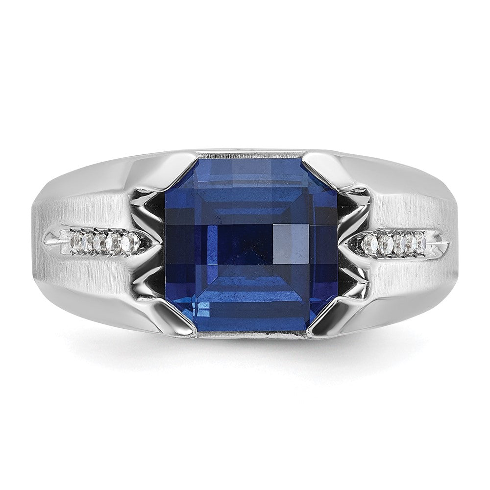 14k White Gold Men's Created Sapphire and 1/20 carat Diamond Complete Ring