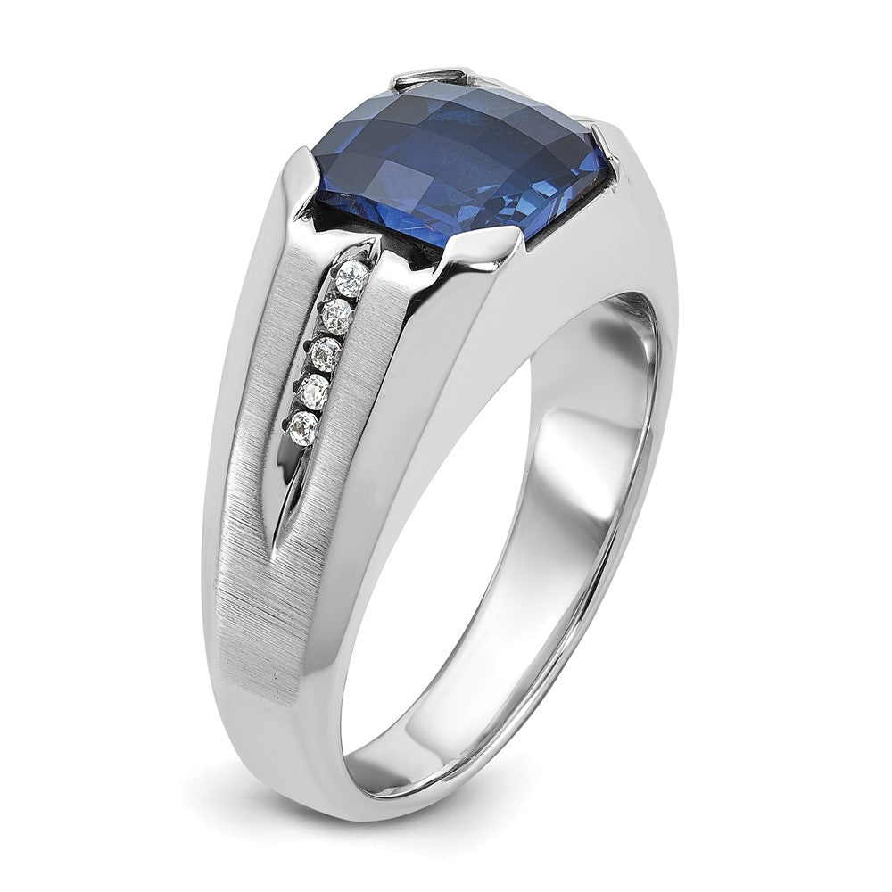 14k White Gold Men's Created Sapphire and 1/20 carat Diamond Complete Ring