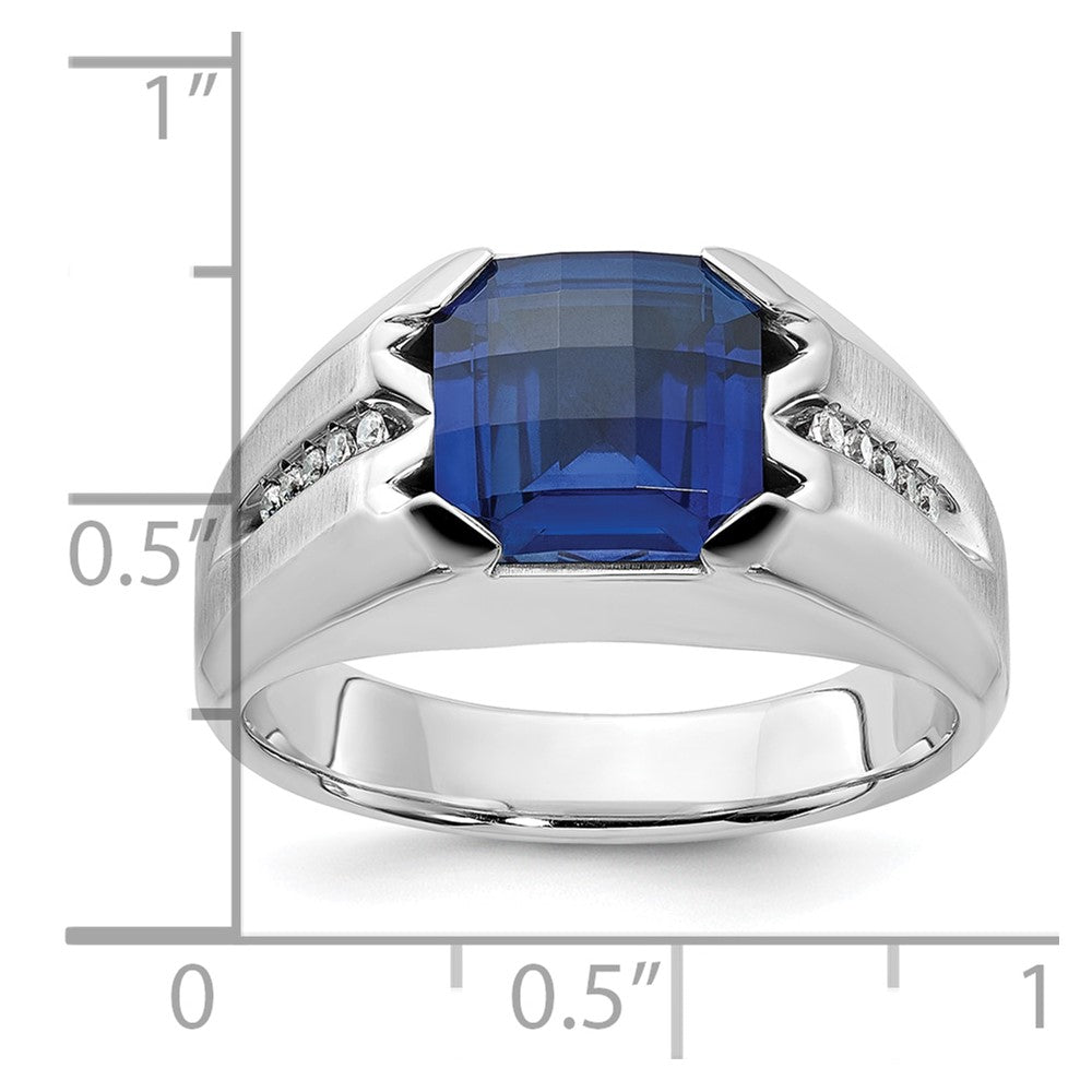 14k White Gold Men's Created Sapphire and 1/20 carat Diamond Complete Ring