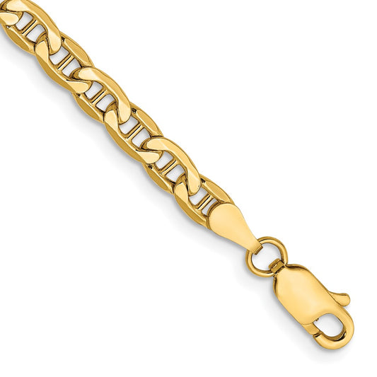 14K Yellow Gold 7 inch 4mm Semi-Solid Anchor with Lobster Clasp Bracelet