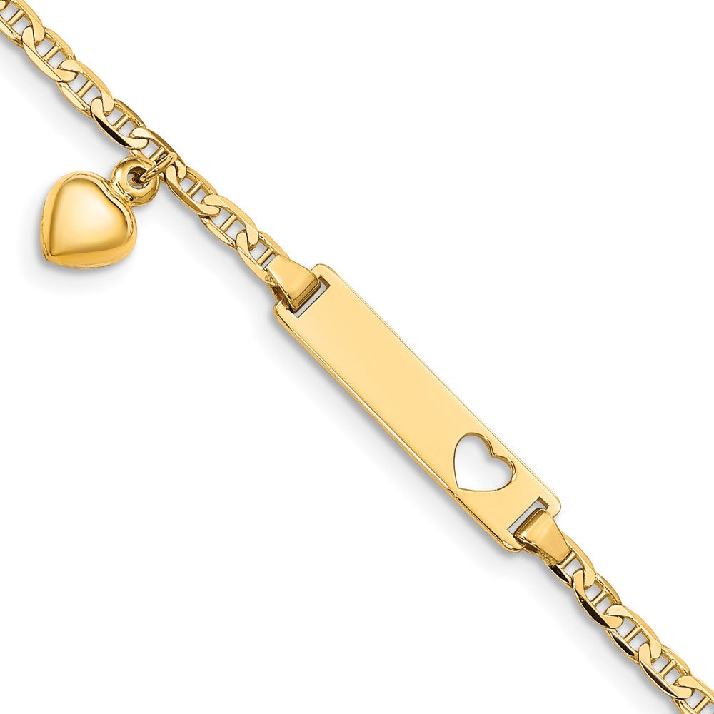 Solid 14K Yellow Gold Cut-out Heart w/Dangling Heart Children's Anchor Link ID Bracelet