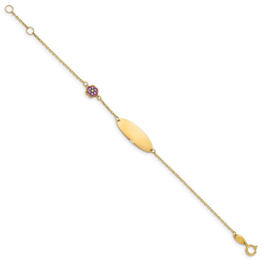 Solid 14K Yellow Gold Children's Enamel Flower w/.5in ext. ID Bracelet