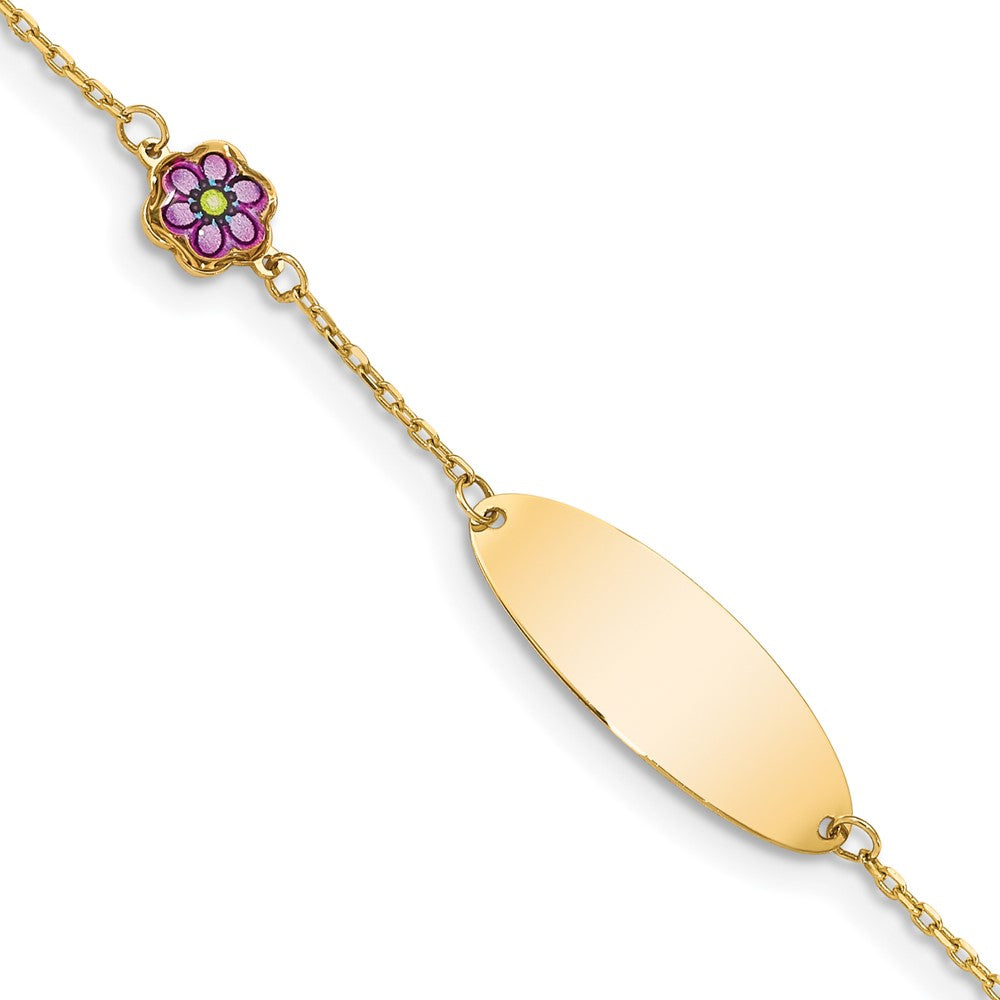 Solid 14K Yellow Gold Children's Enamel Flower w/.5in ext. ID Bracelet