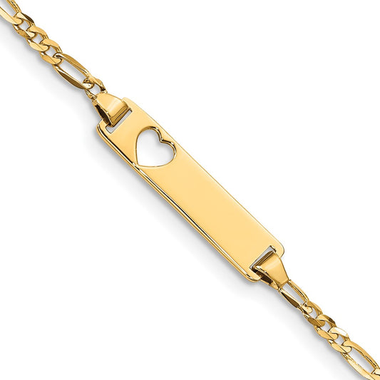 Solid 14K Yellow Gold Cut-out Heart Figaro Link ID Bracelet