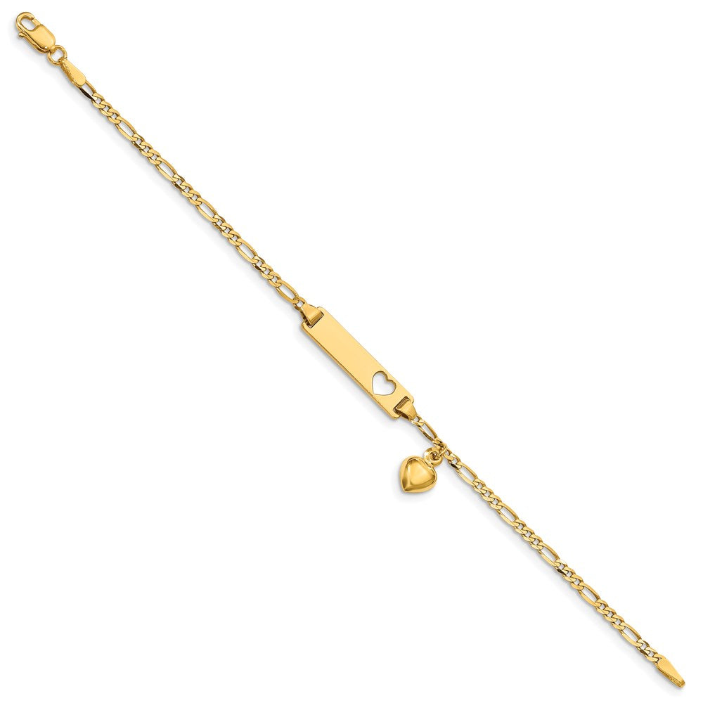 Solid 14K Yellow Gold Cut-out Heart w/Dangling Heart Children's Figaro Link ID Bracelet