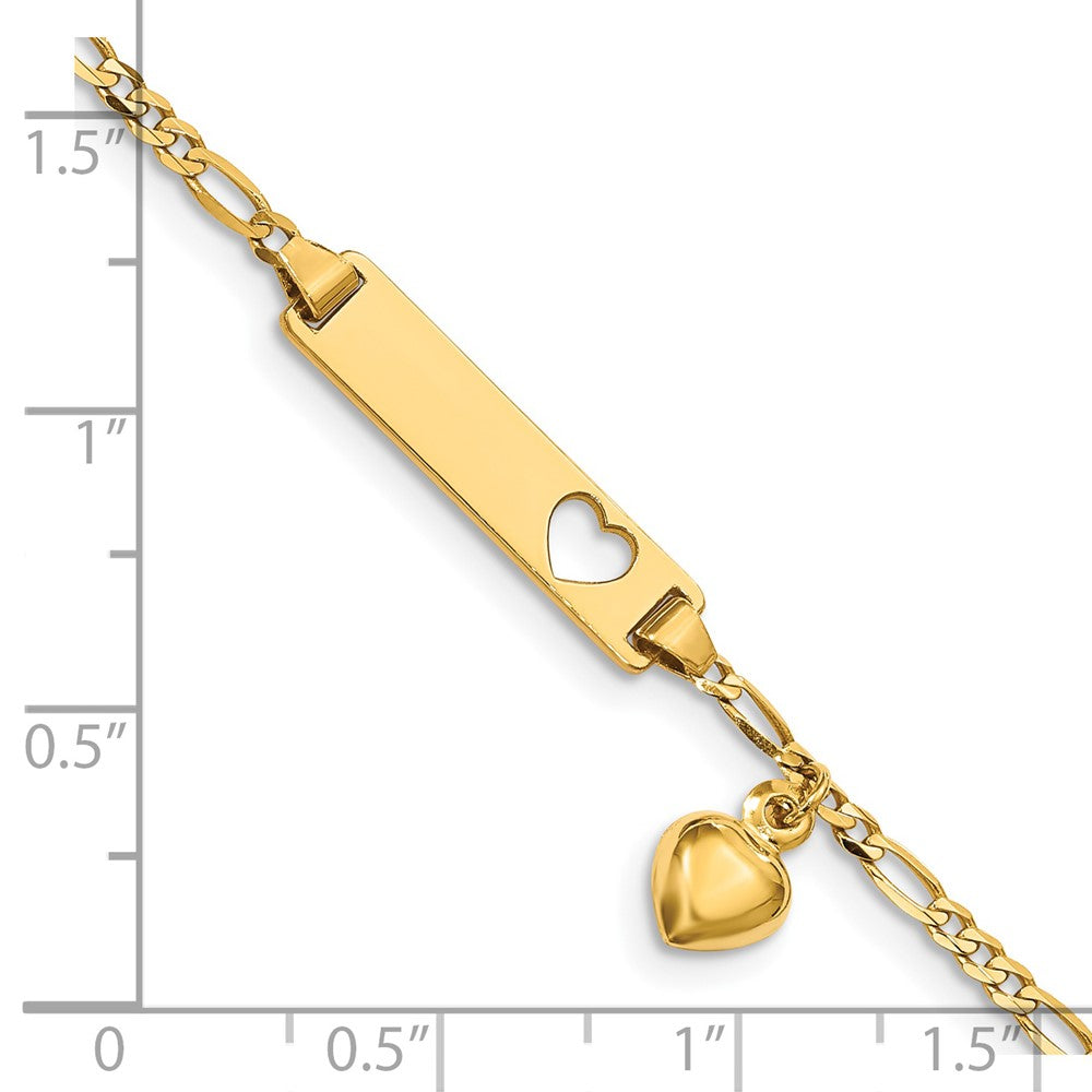 Solid 14K Yellow Gold Cut-out Heart w/Dangling Heart Children's Figaro Link ID Bracelet