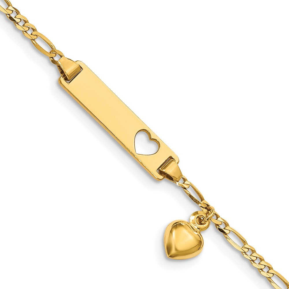 Solid 14K Yellow Gold Cut-out Heart w/Dangling Heart Children's Figaro Link ID Bracelet