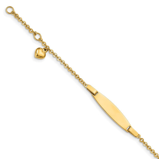 Solid 14K Yellow Gold Polished w/ Dangling Heart w/.5in ext. Baby ID Bracelet