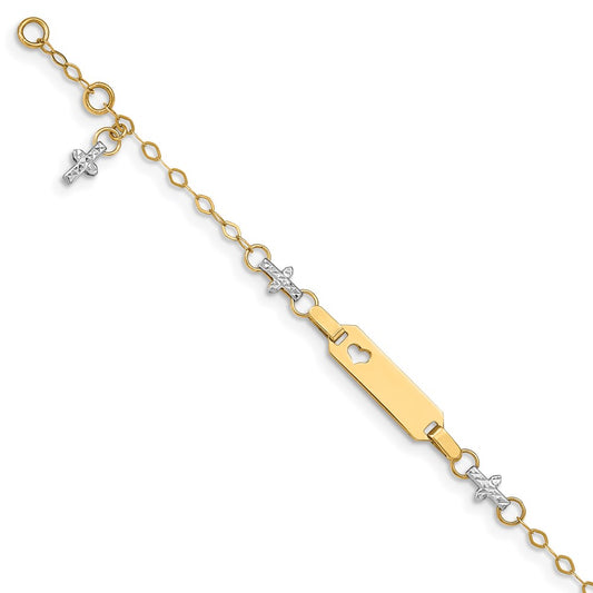 Solid 14K Two-tone Gold Baby Polished and Textured Cross w/1in ext. ID Bracelet