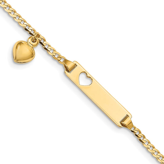 Solid 14K Yellow Gold Cut-out Heart w/Dangling Heart Children's Curb Link ID Bracelet