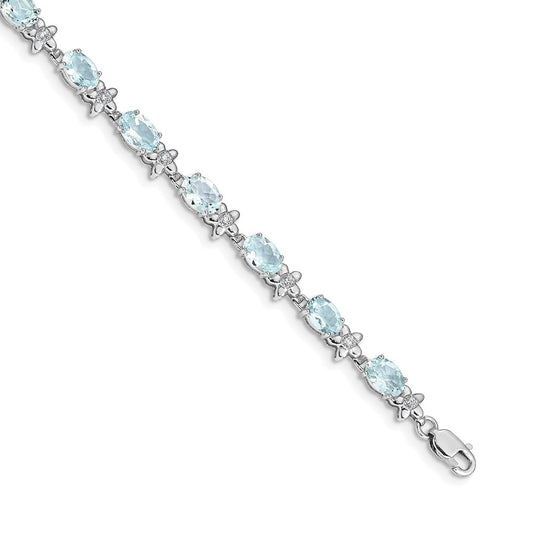 14k White Gold Floral Natural Diamond and Aquamarine Bracelet