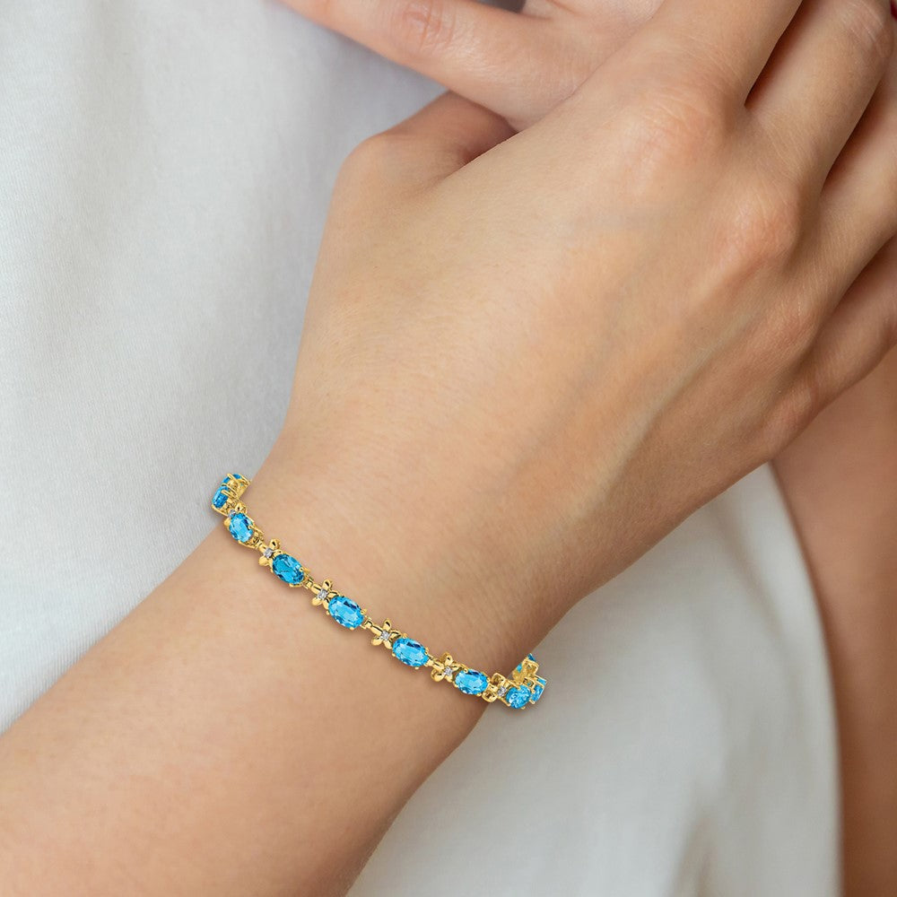 14k Yellow Gold Floral Natural Diamond and Blue Topaz Bracelet