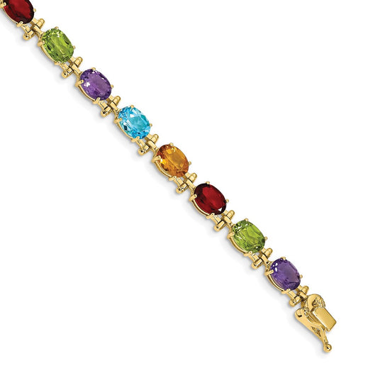 14k Yellow Gold Alternating Rainbow Gemstone Amethyst Peridot Garnet Citrine Blue Topaz 7 inch Bracelet