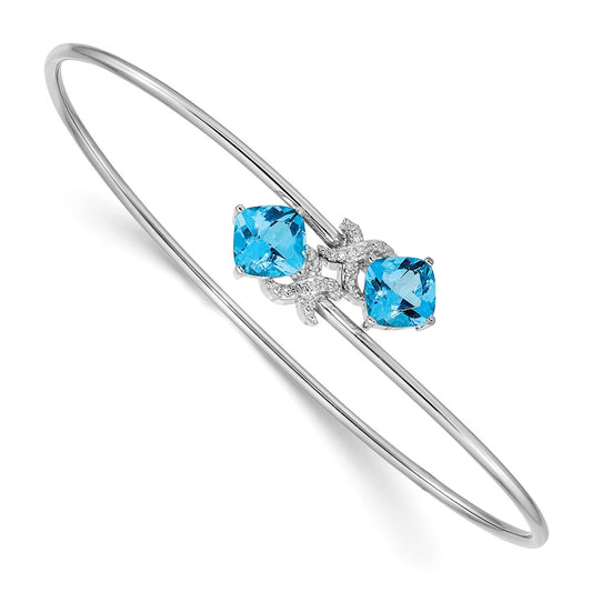 14k White Gold .03ct Natural Diamond and Blue Topaz Flexible Bangle