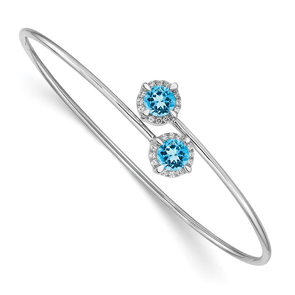 14k White Gold Blue Topaz and Natural Diamond Flexible Bangle