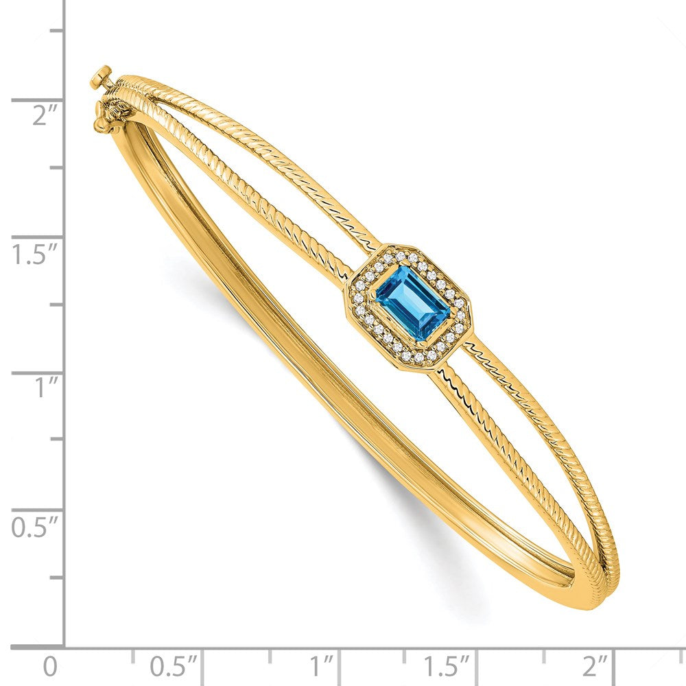 14k Yellow Gold Emerald-shape Blue Topaz and Natural Diamond Halo Bangle