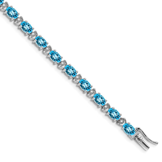 14k White Gold Oval Blue Topaz and Natural Diamond Bracelet