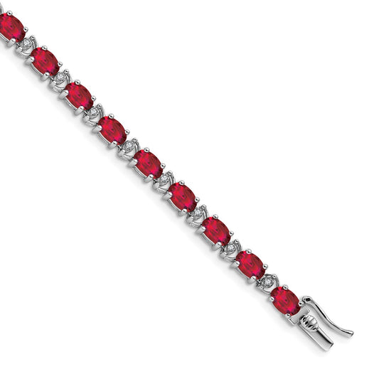 14k White Gold Oval Created Ruby and Natural Diamond Bracelet