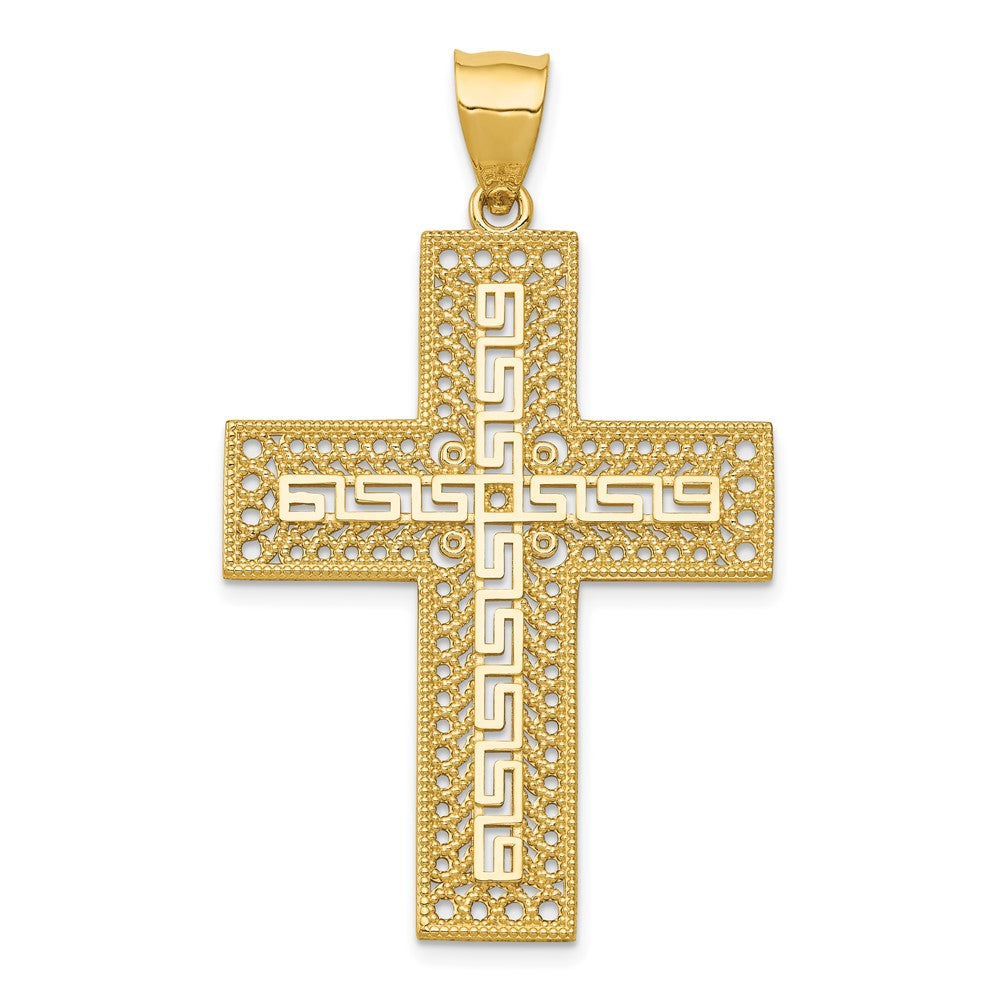 14k Yellow Gold Greek Key Filigree Cross Pendant