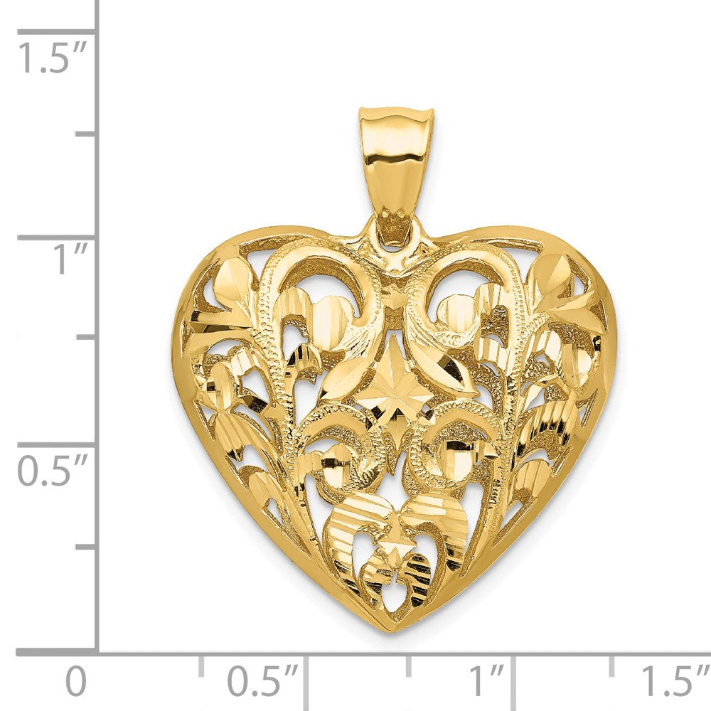 14k Yellow Gold Polished Diamond-cut Filigree 3-D Heart Pendant