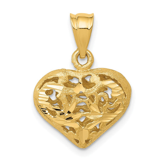 14k Yellow Gold Polished 3-D Filigree Puffed Heart Pendant