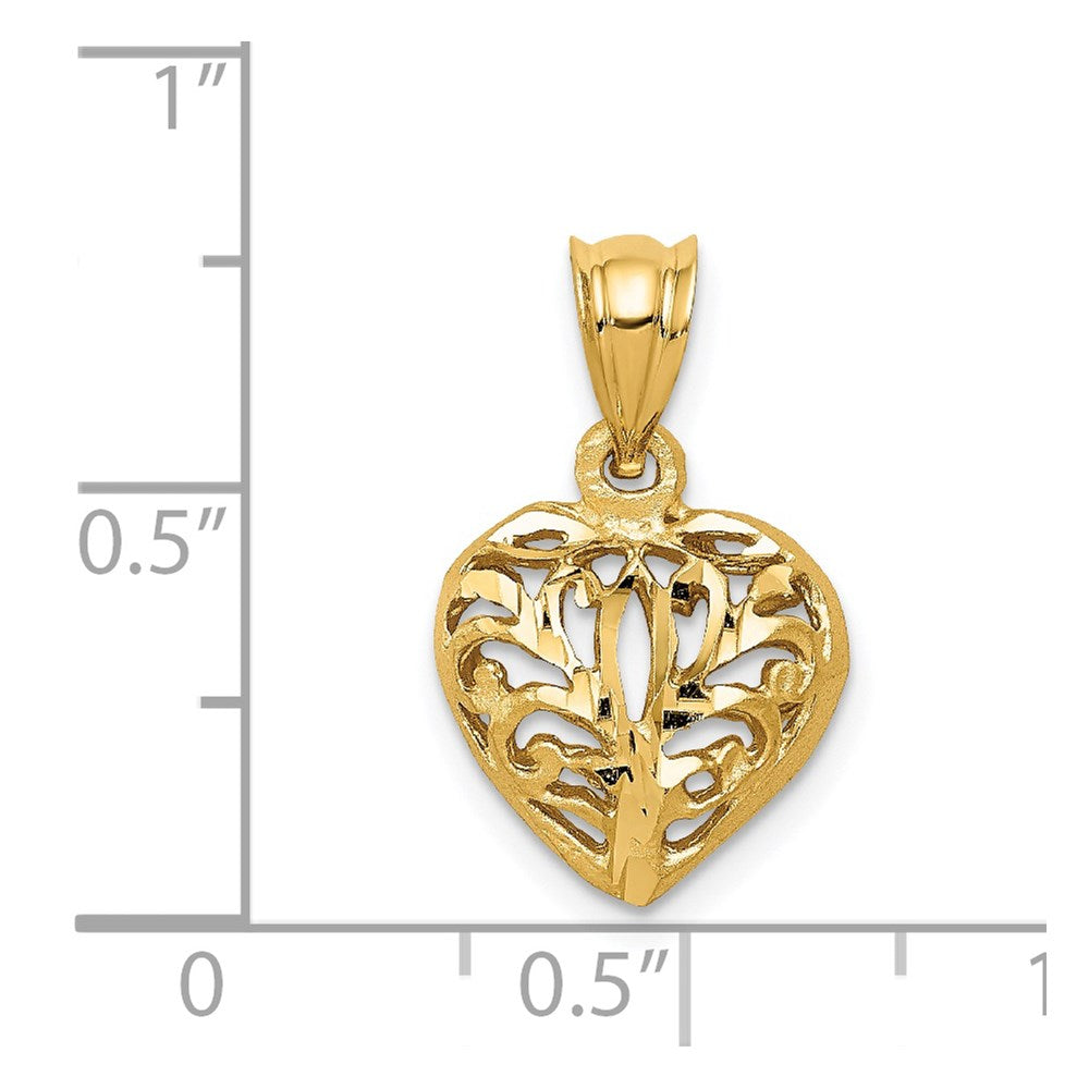 14k Yellow Gold Polished Filigree 3-D Puffed Heart Pendant