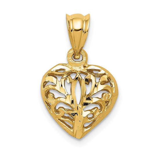 14k Yellow Gold Polished Filigree 3-D Puffed Heart Pendant