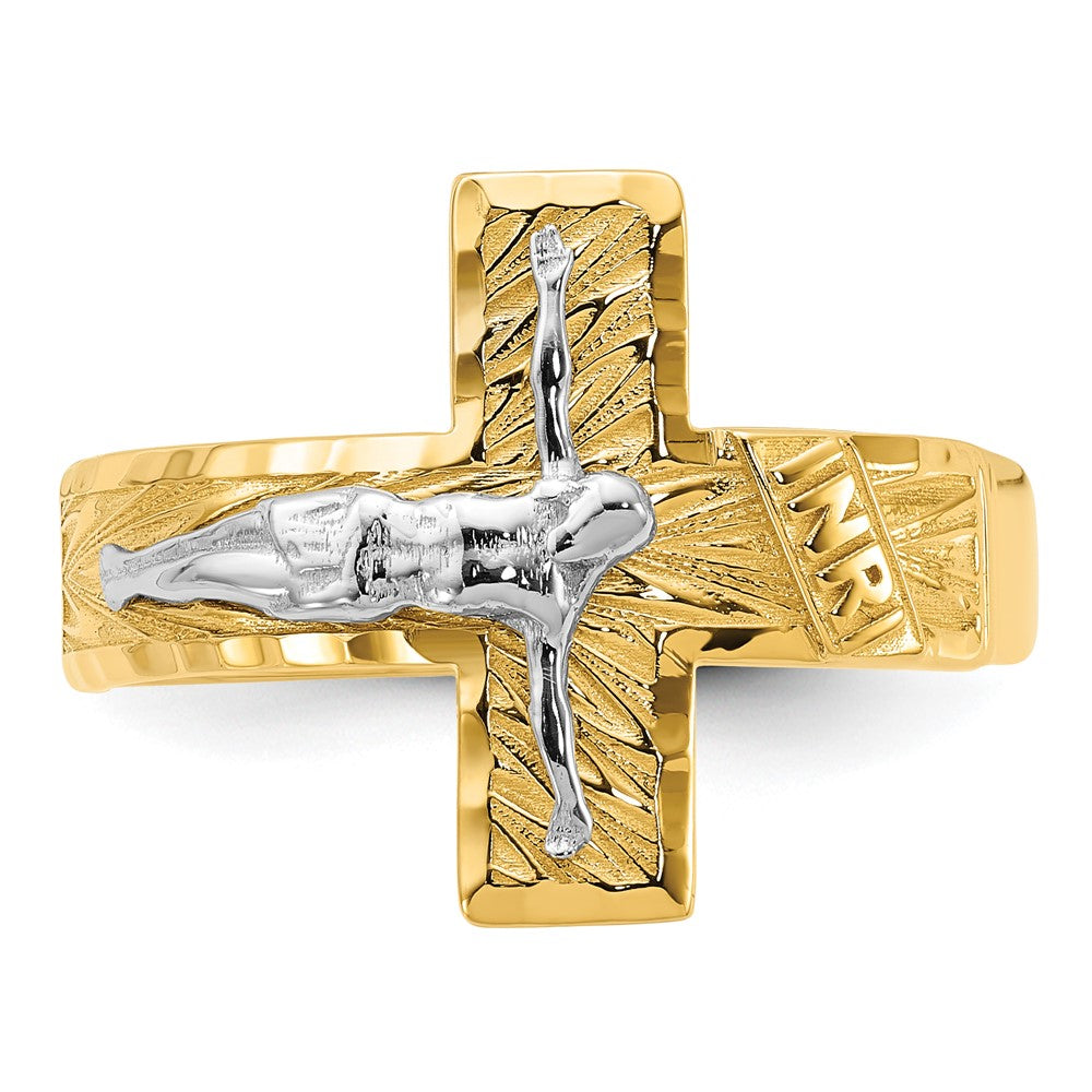 14k Two-Tone Gold Polished & Diamond-Cut Mens Crucifix Ring