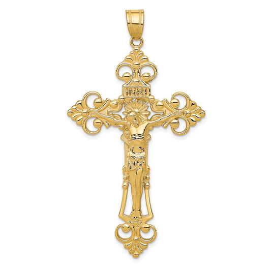 14k Yellow Gold INRI Fleur De Lis Crucifix Pendant