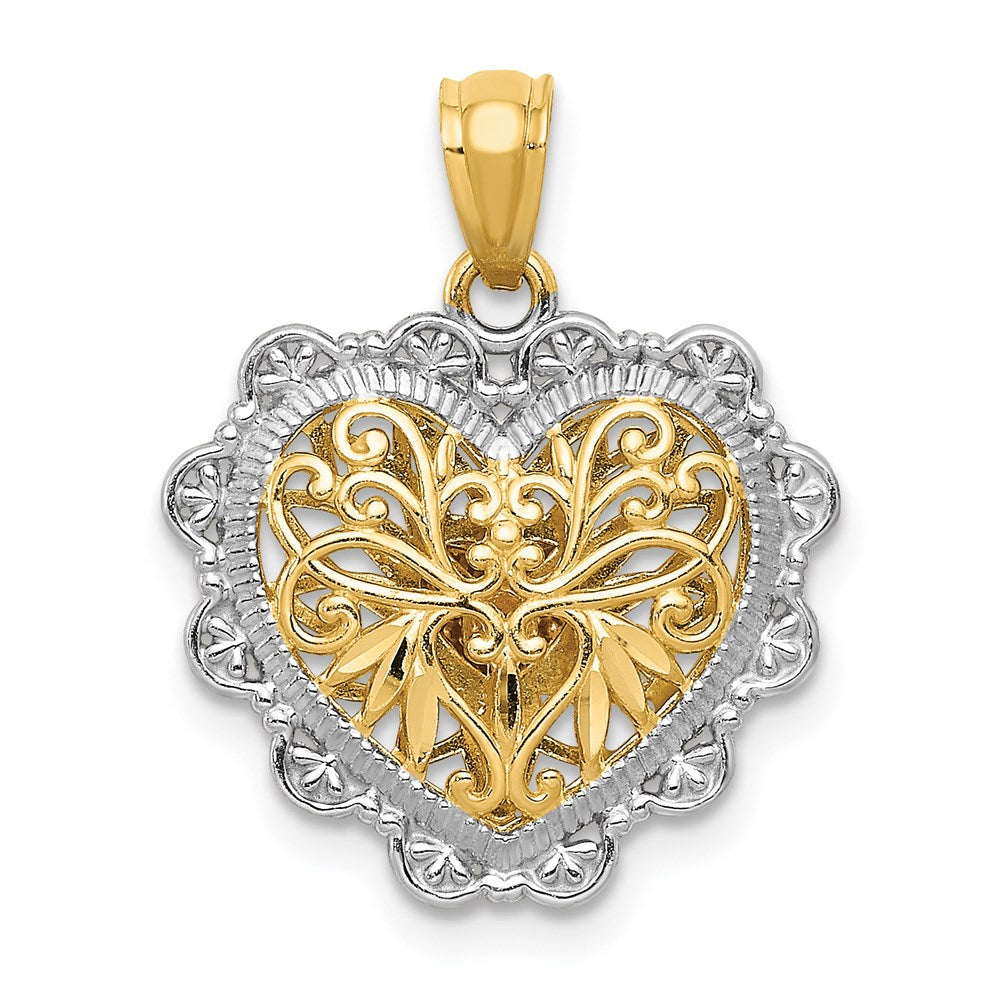 14k Two-tone Gold w/White Rhodium Polish Reversible Filigree Heart Pendant