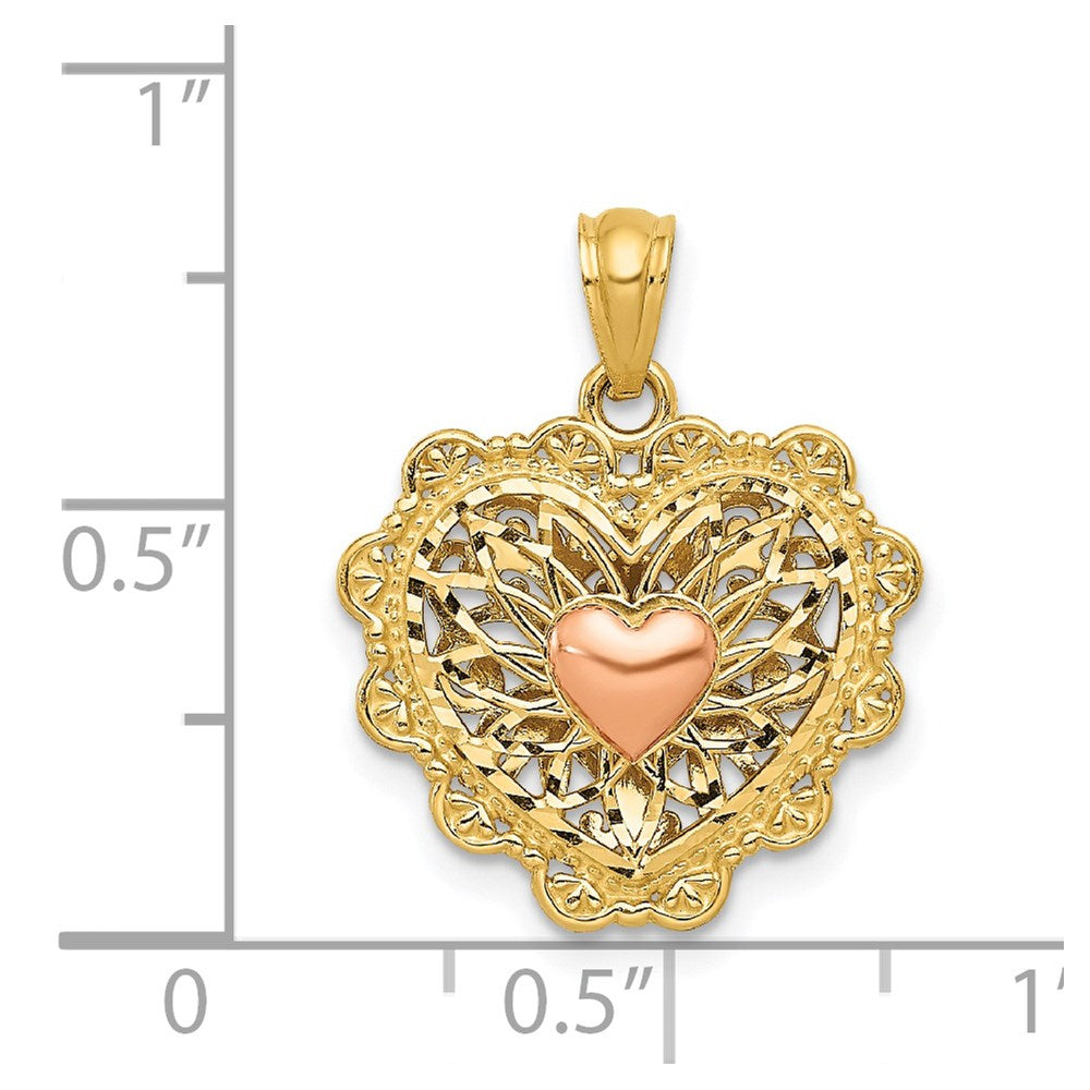 14k Two-tone Gold w/White Rhodium Polish Reversible Filigree Heart Pendant