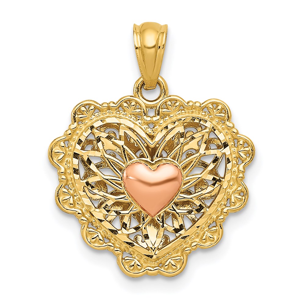 14k Two-tone Gold w/White Rhodium Polish Reversible Filigree Heart Pendant