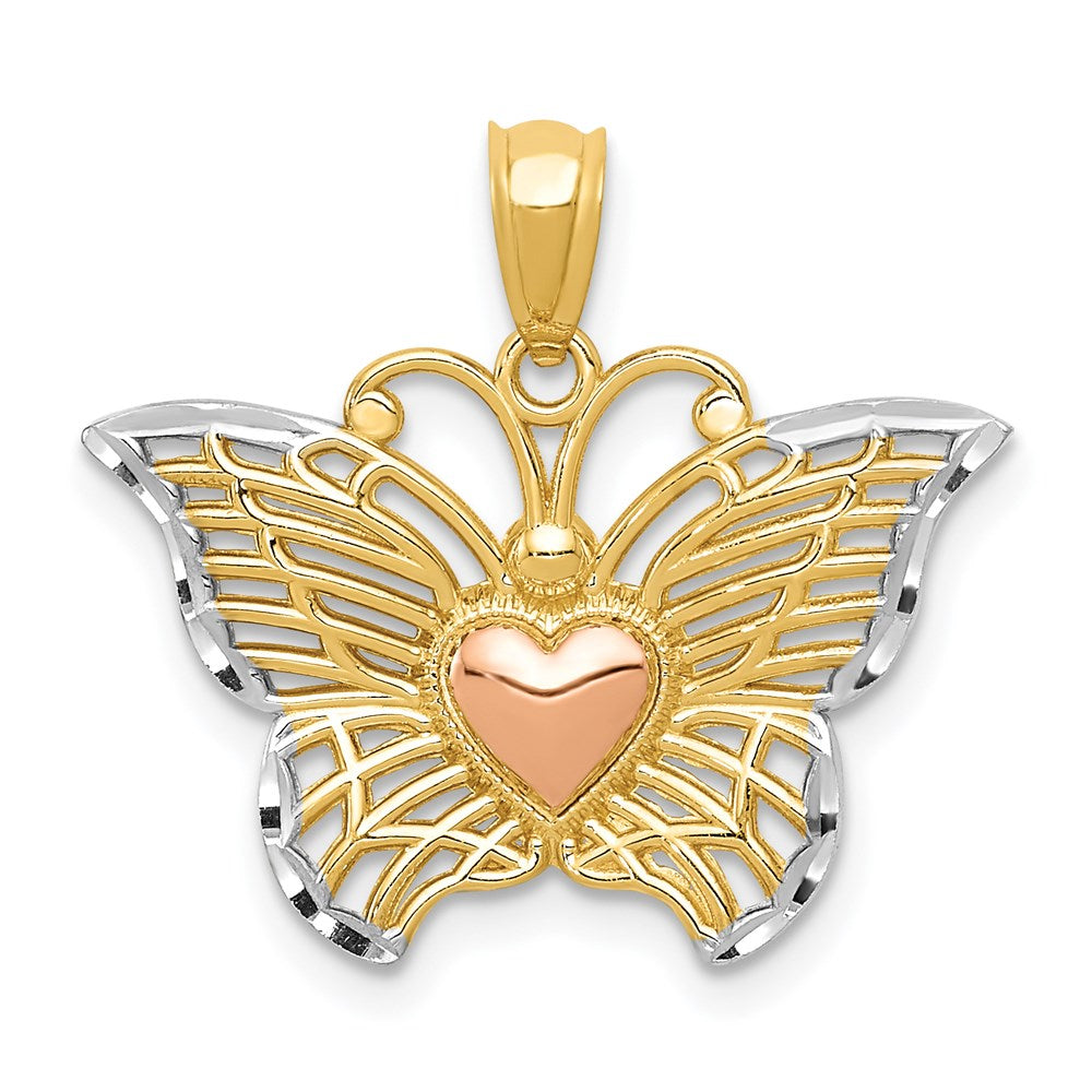 14k Two-tone Gold w/White Rhodium Butterflyw/Heart Pendant