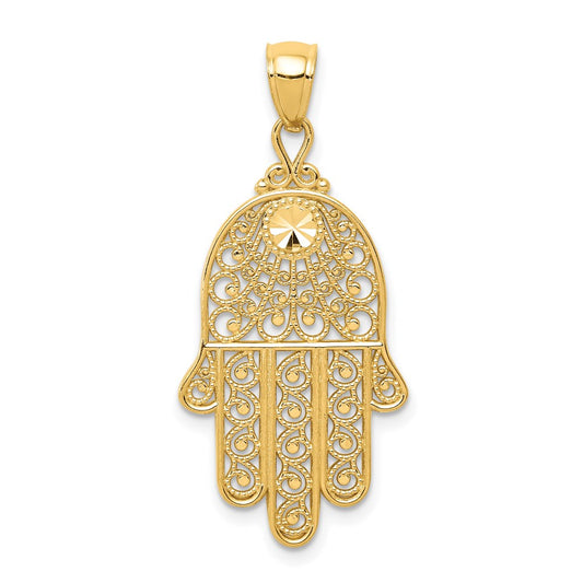 14k Yellow Gold Diamond-cut Filigree Chamseh Pendant