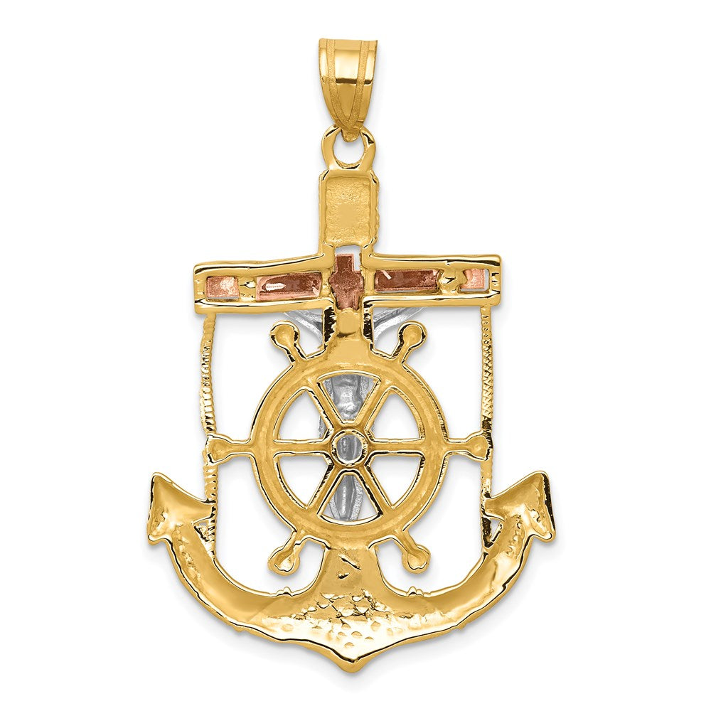 14k Tri-Color Gold Diamond-cut w/Textured Mariner's Cross Pendant