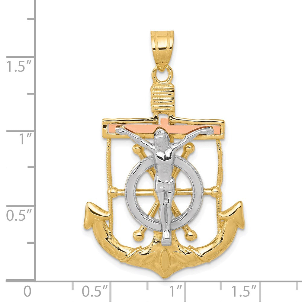 14k Tri-Color Gold Diamond-cut w/Textured Mariner's Cross Pendant